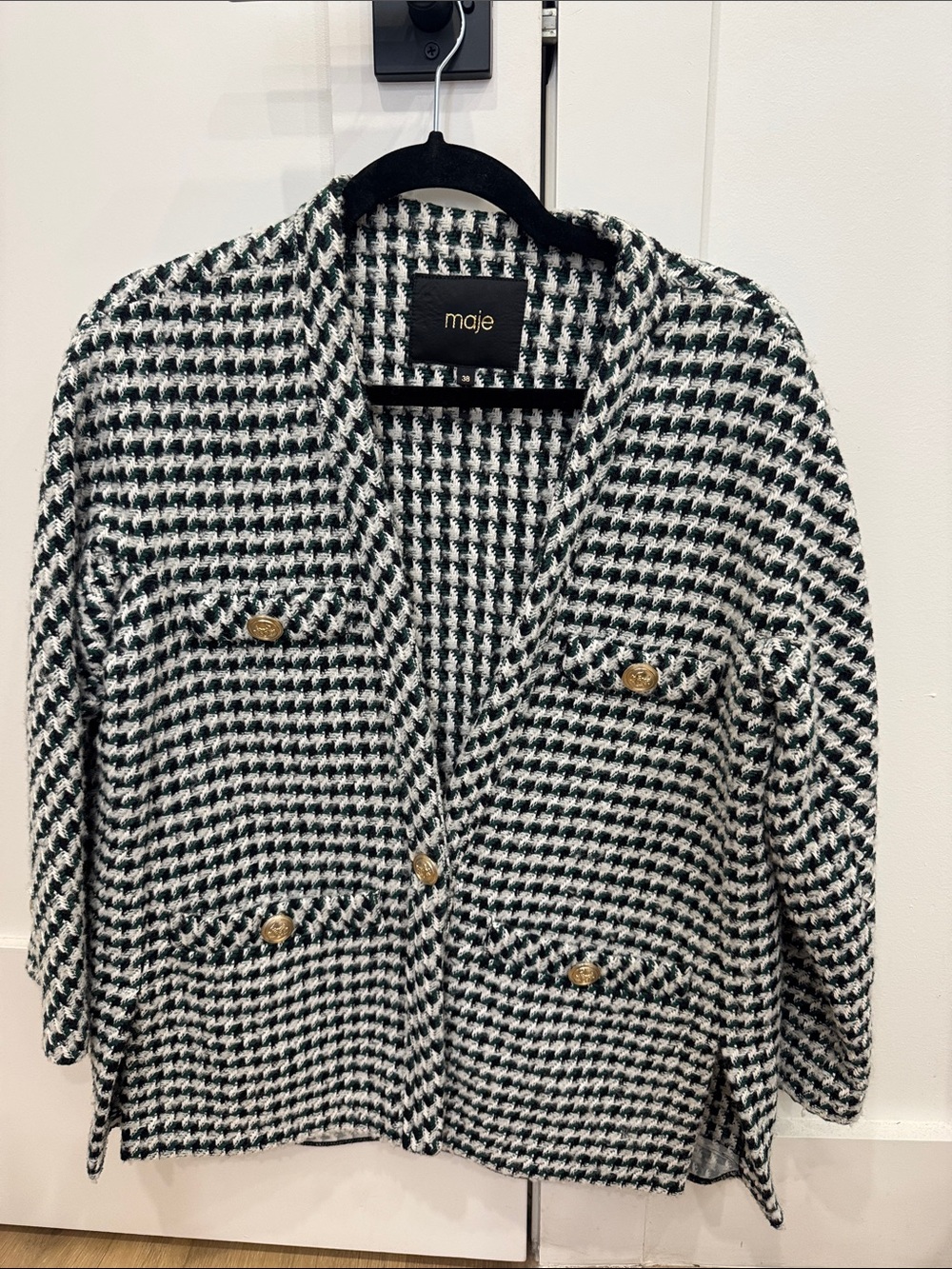 Maje Black Green & White Houndstooth Knit Blazer with Gold Buttons